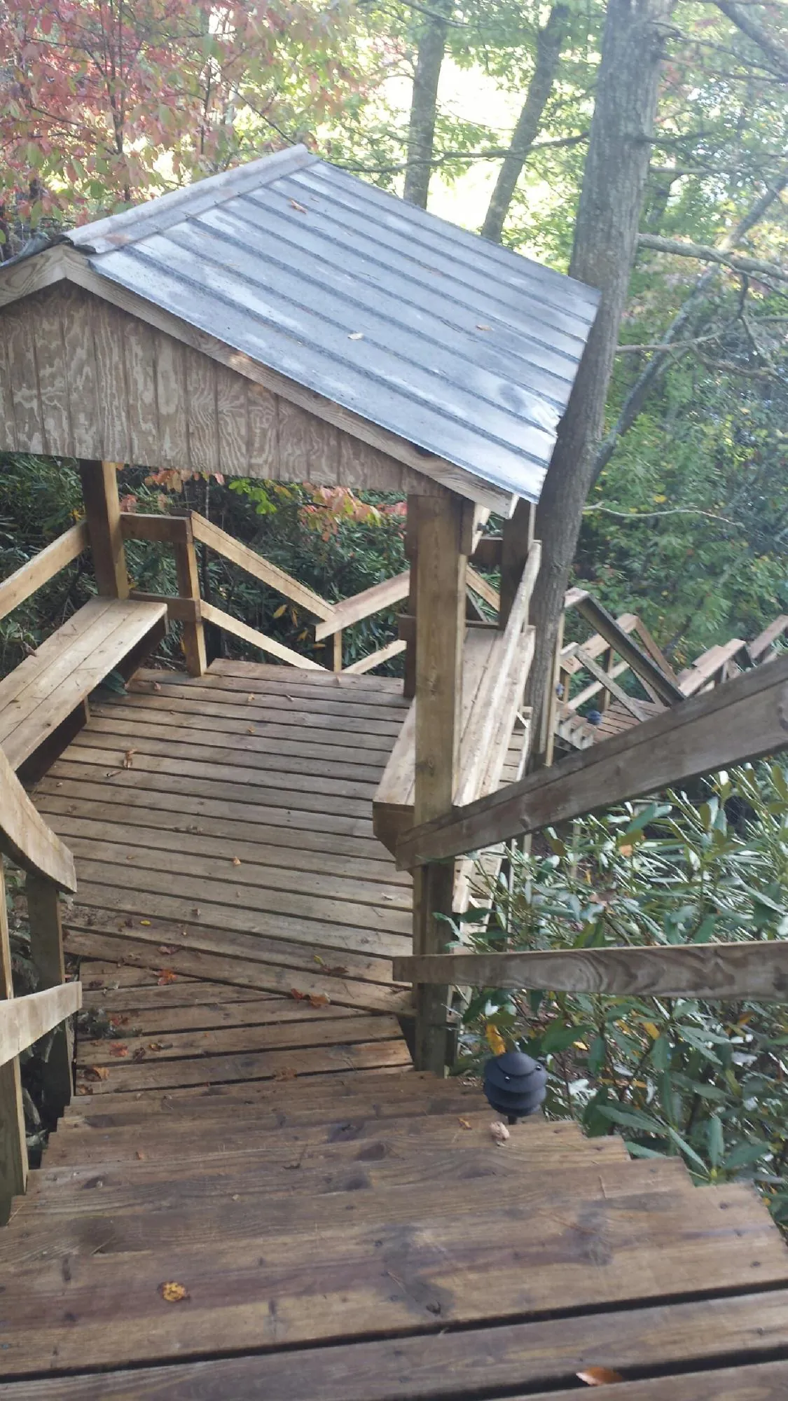 Metal roofed shelter over wooden steps on a wooded walkway — Skylight Repair & Installation work by our crew in Loreauville